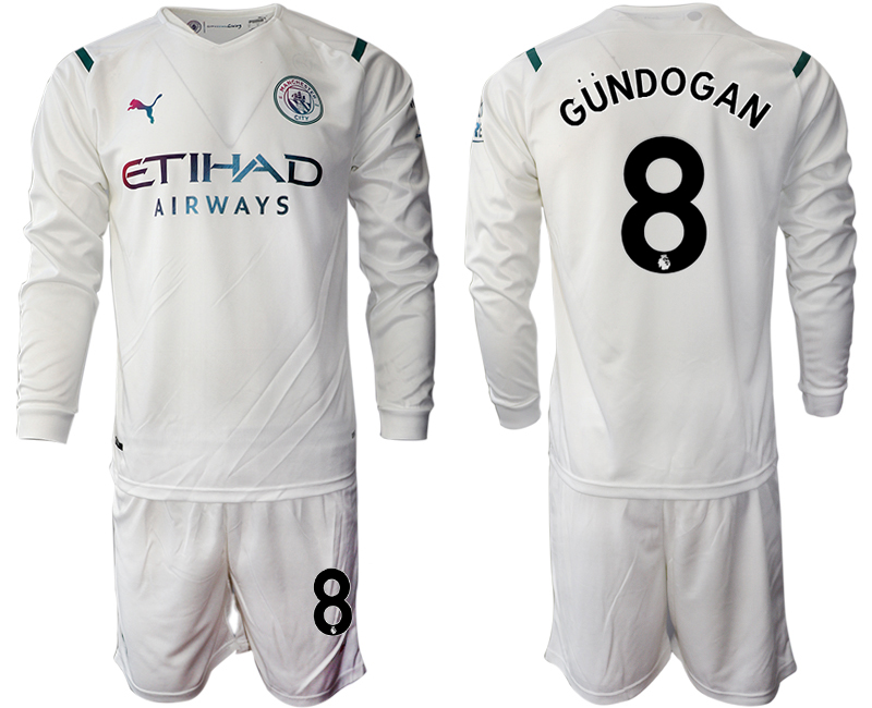 Men 2021-2022 Club Manchester city away white Long Sleeve #8 Soccer Jersey